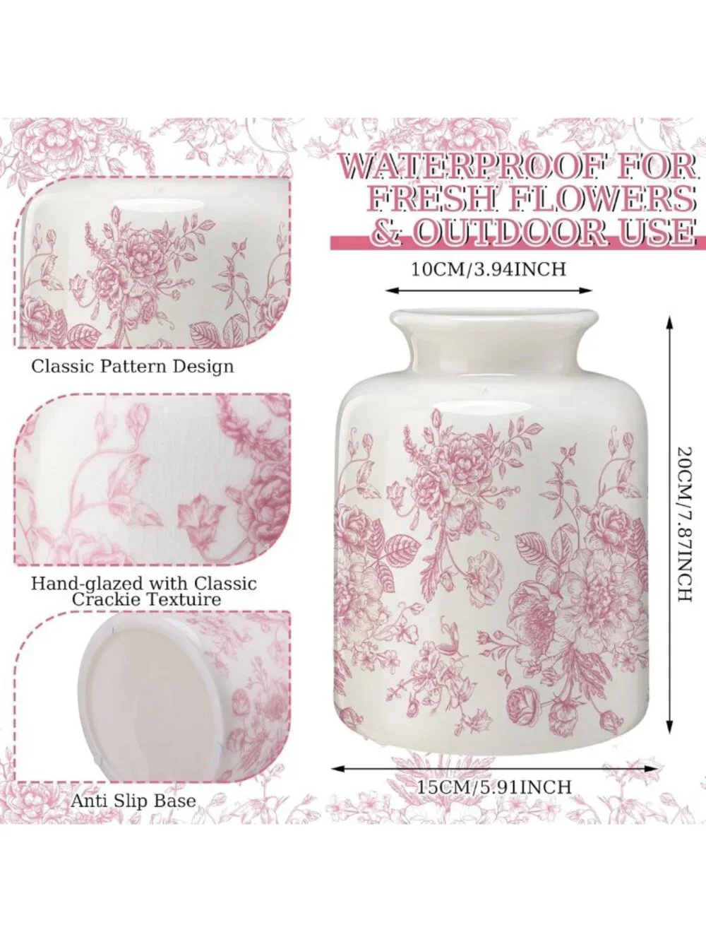 Large Pink Vintage Floral Vase - Retro Rustic Ice Cracked Ceramic Home Decor